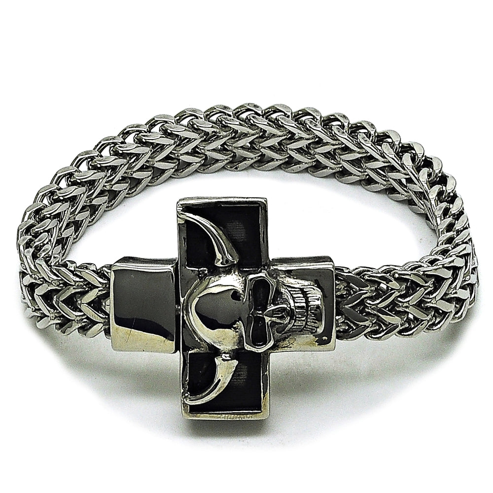 Stainless Steel Fancy Bracelet, Skull and Square Franco Design, Polished, Steel Finish
