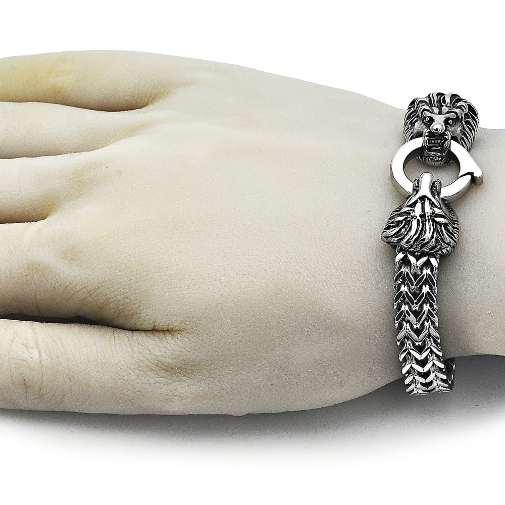Stainless Steel Fancy Bracelet, Lion and Square Franco Design, Polished, Steel Finish