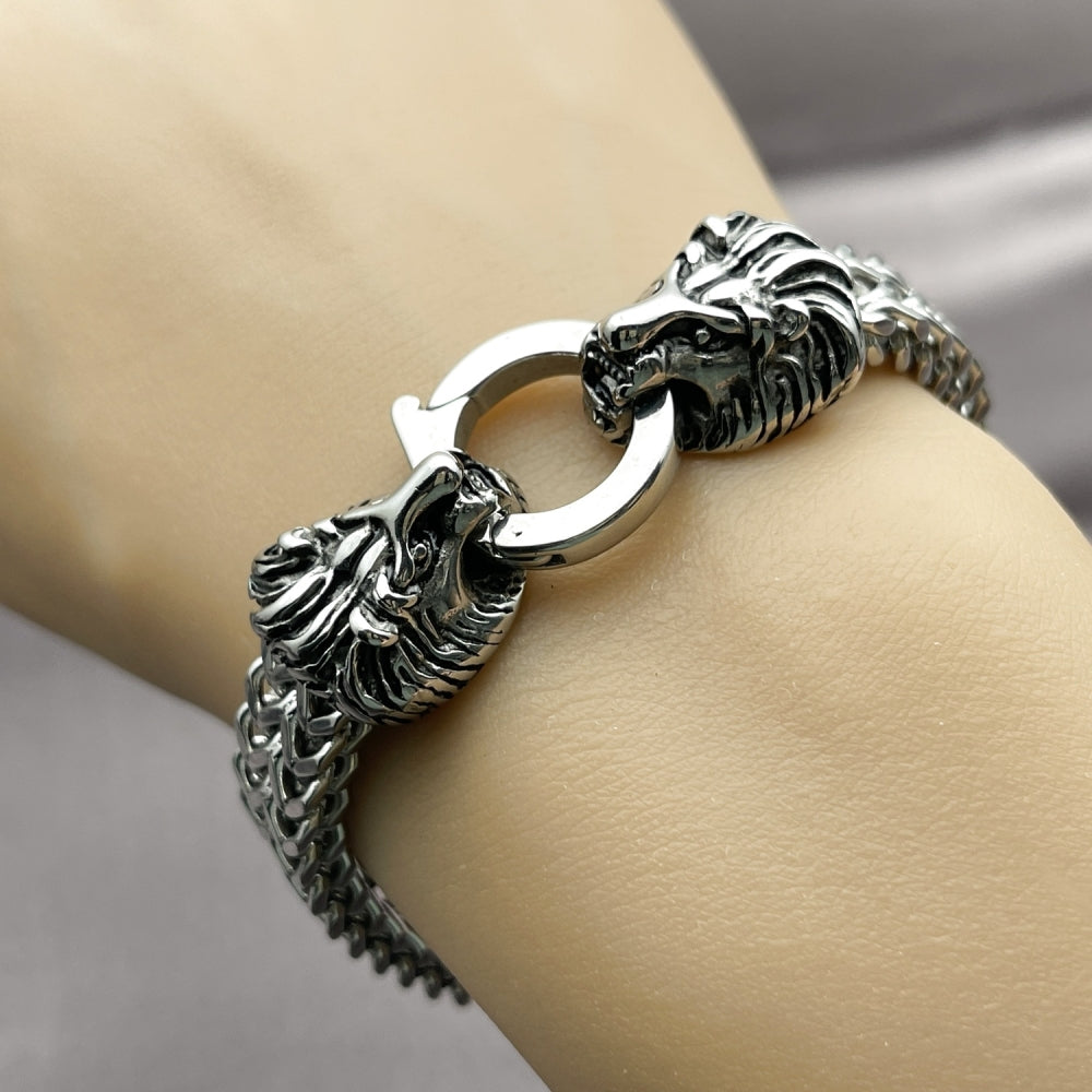Stainless Steel Fancy Bracelet, Lion and Square Franco Design, Polished, Steel Finish