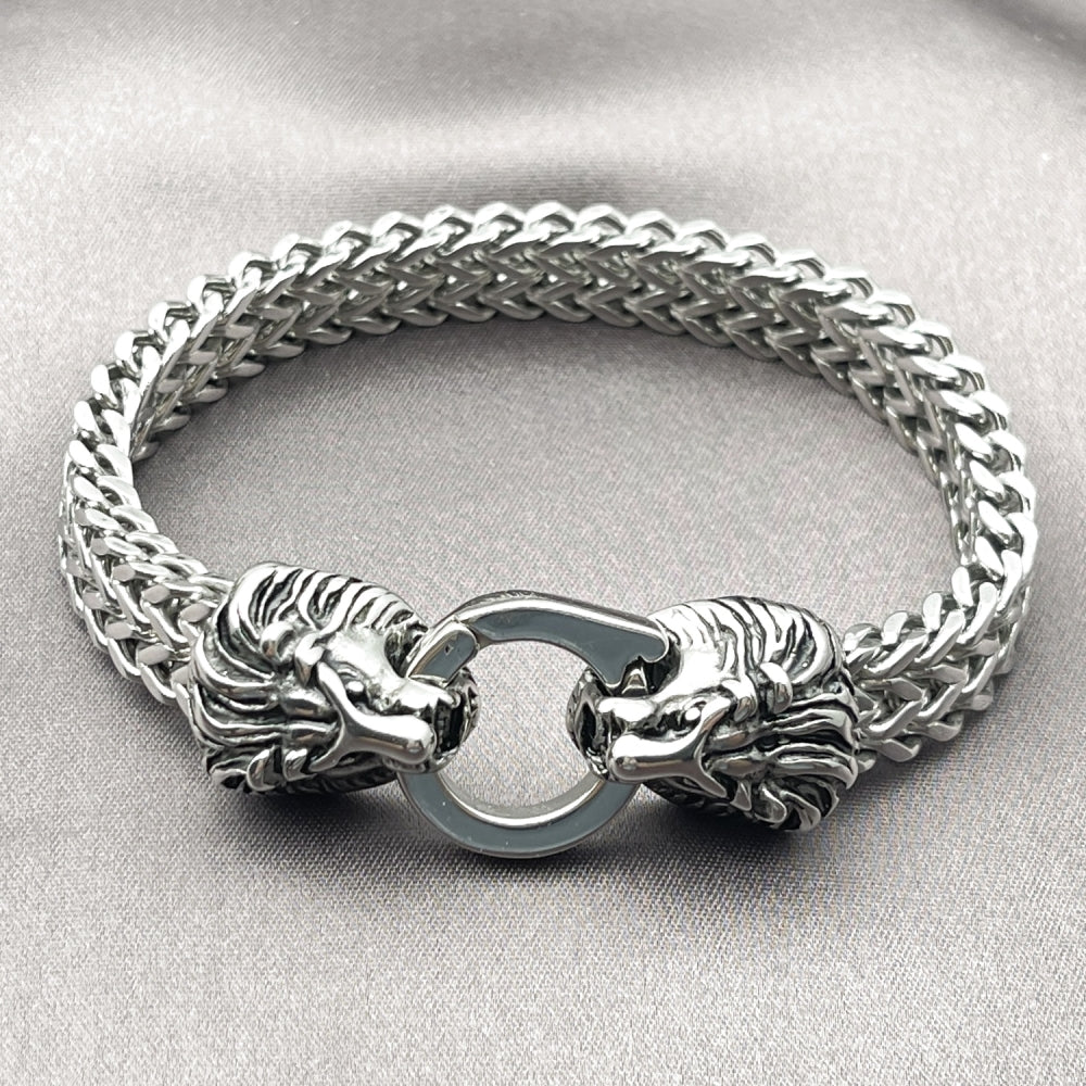 Stainless Steel Fancy Bracelet, Lion and Square Franco Design, Polished, Steel Finish