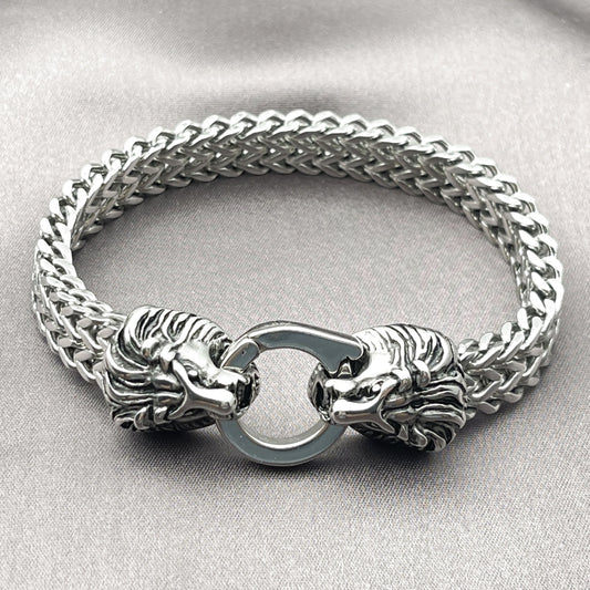 Stainless Steel Fancy Bracelet, Lion and Square Franco Design, Polished, Steel Finish