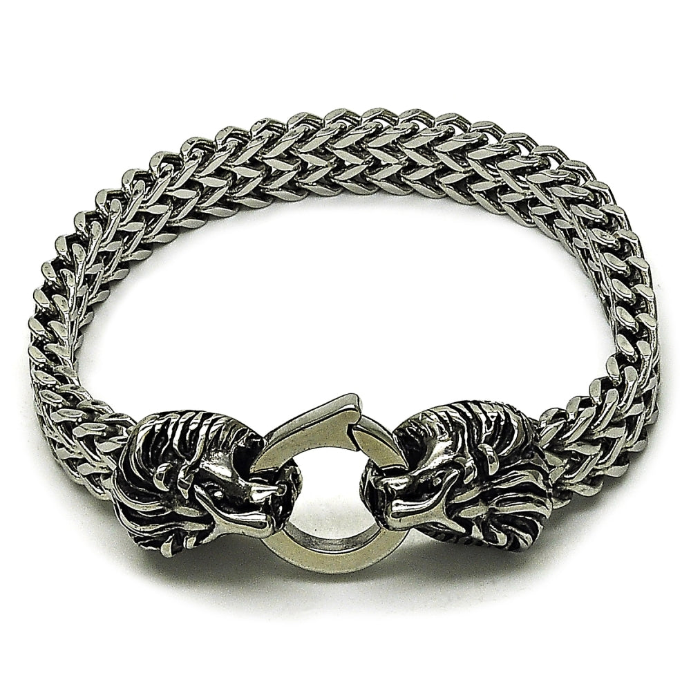 Stainless Steel Fancy Bracelet, Lion and Square Franco Design, Polished, Steel Finish