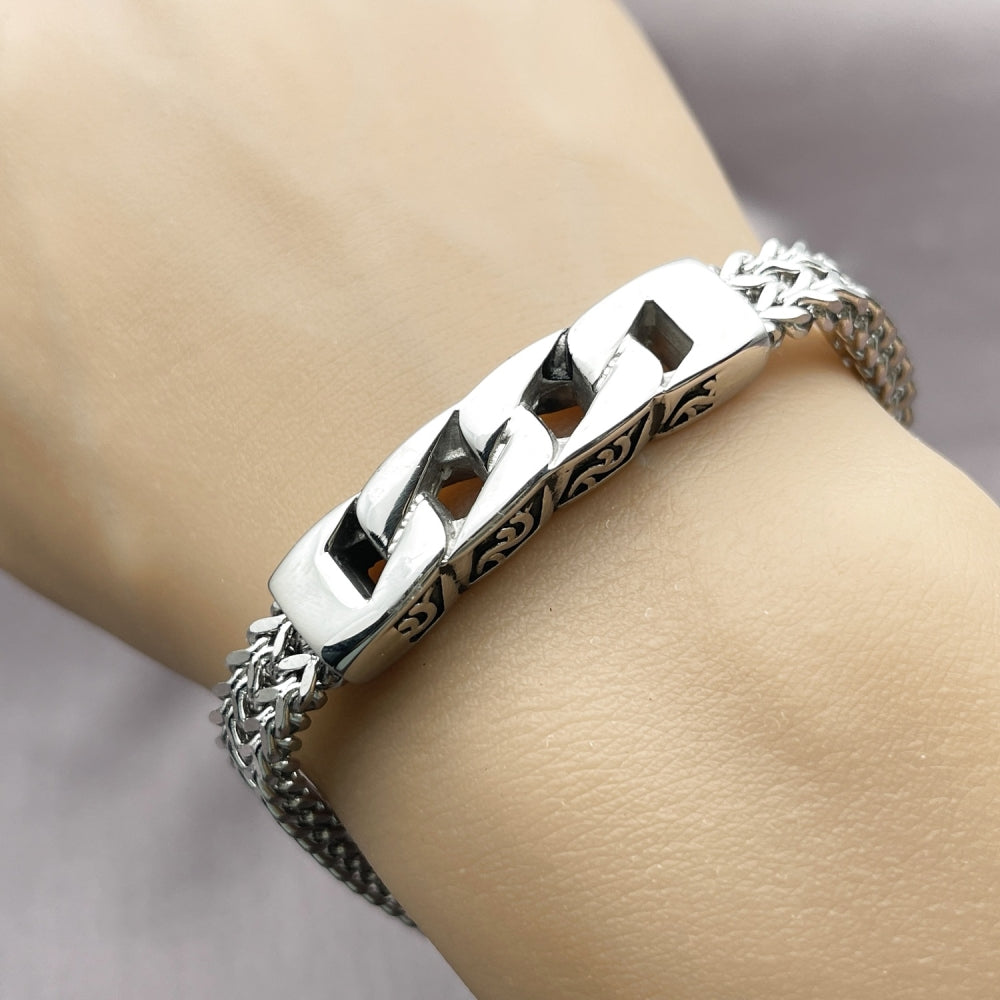 Stainless Steel Fancy Bracelet, Miami Cuban and Square Franco Design, Polished, Steel Finish
