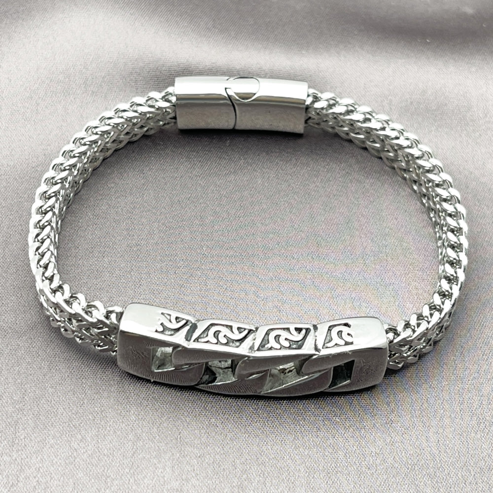 Stainless Steel Fancy Bracelet, Miami Cuban and Square Franco Design, Polished, Steel Finish