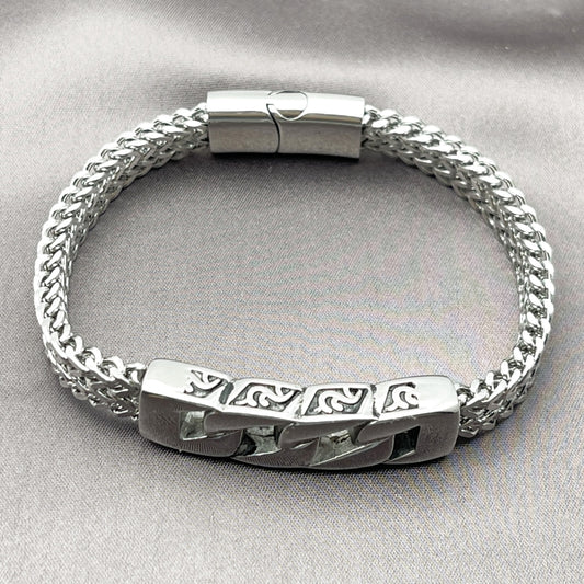 Stainless Steel Fancy Bracelet, Miami Cuban and Square Franco Design, Polished, Steel Finish