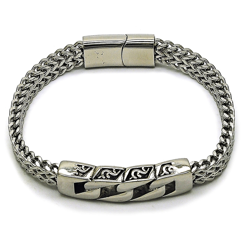 Stainless Steel Fancy Bracelet, Miami Cuban and Square Franco Design, Polished, Steel Finish