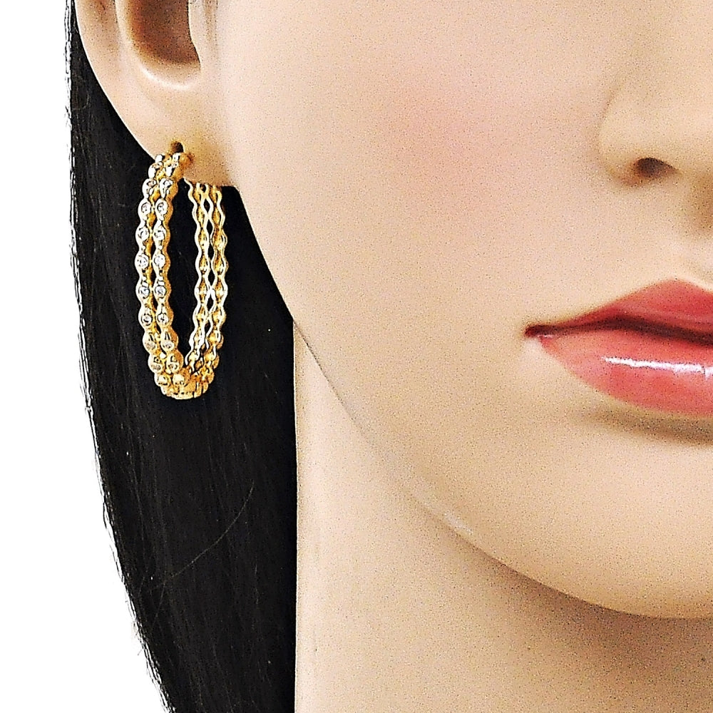 Oro Laminado Huggie Hoop, Gold Filled Style Ball Design, with White Cubic Zirconia, Polished, Golden Finish