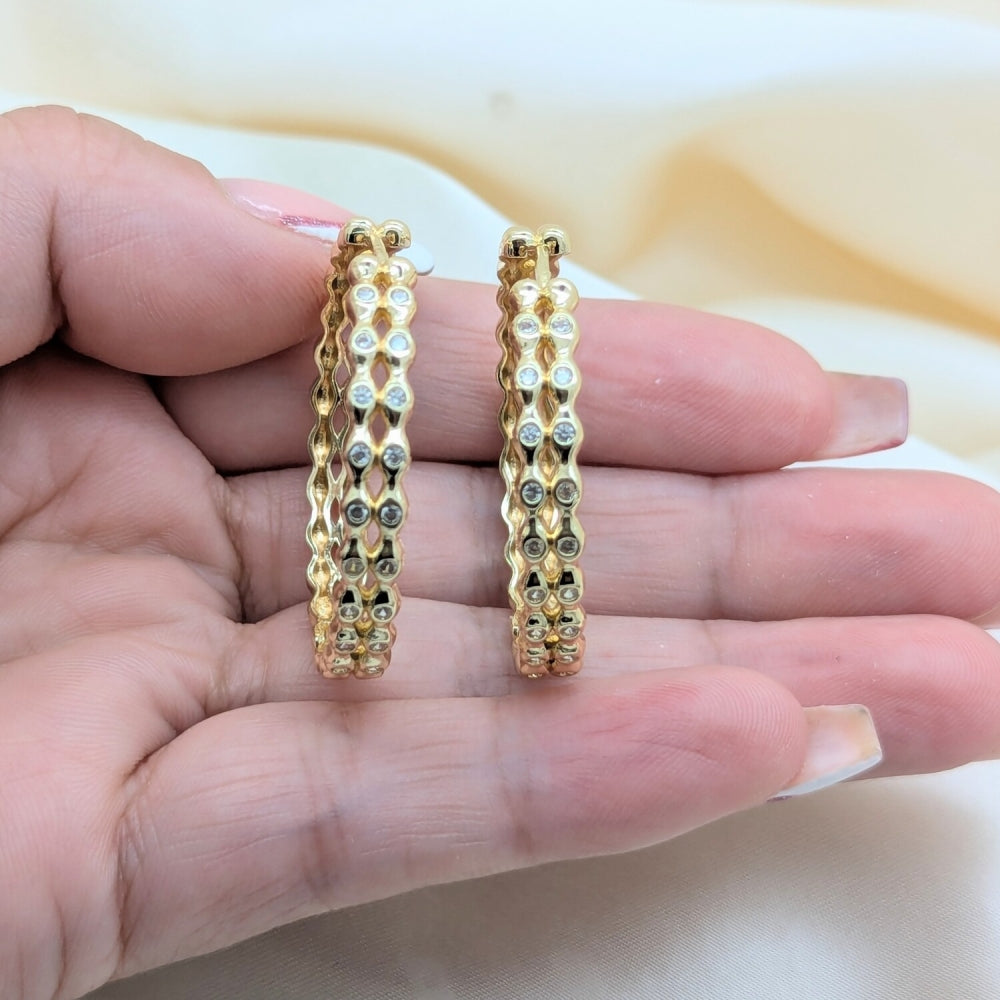 Oro Laminado Huggie Hoop, Gold Filled Style Ball Design, with White Cubic Zirconia, Polished, Golden Finish