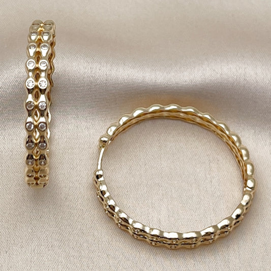 Oro Laminado Huggie Hoop, Gold Filled Style Ball Design, with White Cubic Zirconia, Polished, Golden Finish