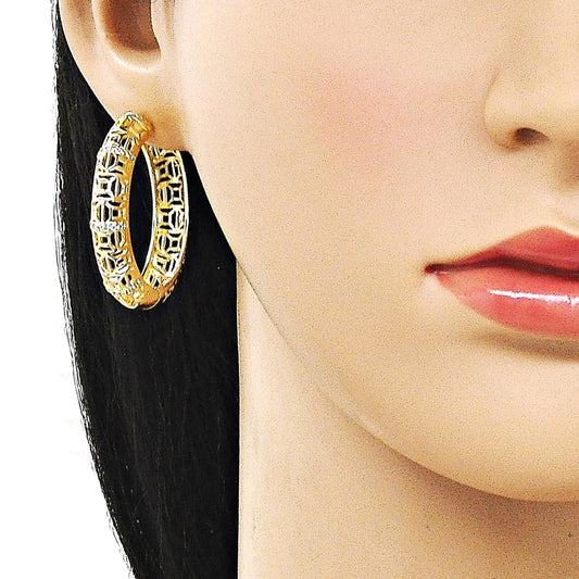 Oro Laminado Huggie Hoop, Gold Filled Style Filigree Design, with White Micro Pave, Polished, Golden Finish