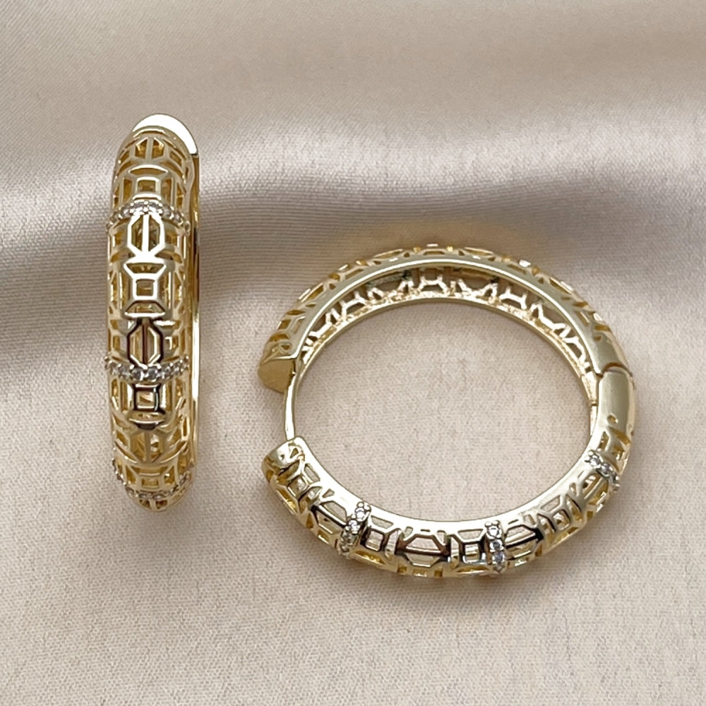 Oro Laminado Huggie Hoop, Gold Filled Style Filigree Design, with White Micro Pave, Polished, Golden Finish