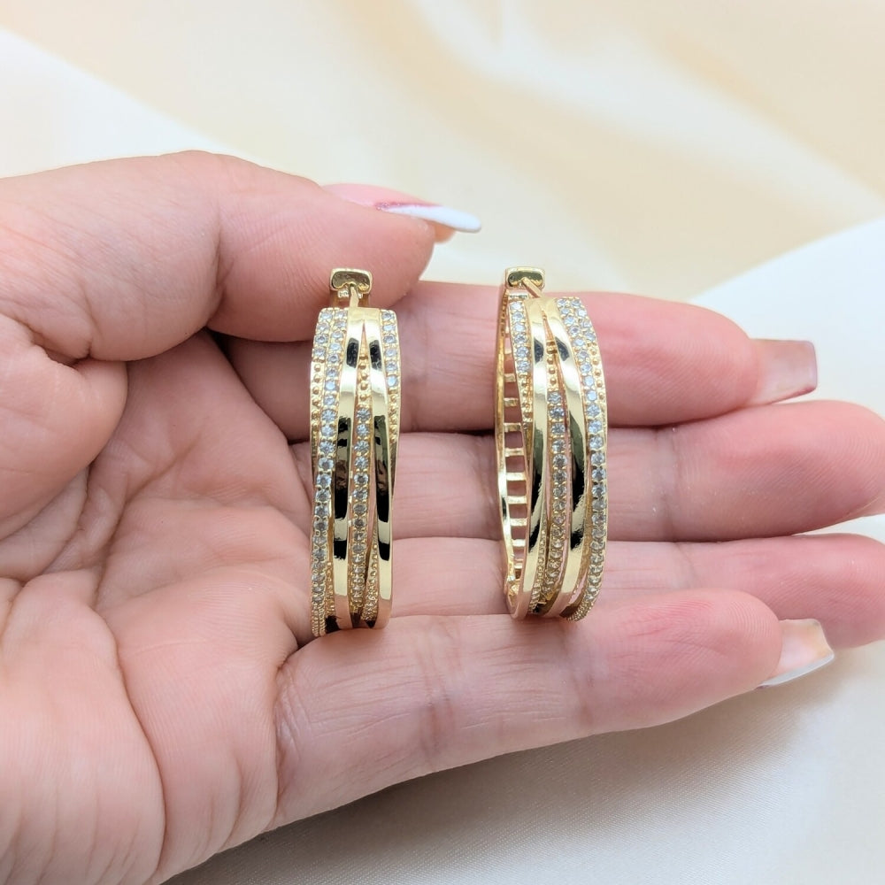 Oro Laminado Huggie Hoop, Gold Filled Style with White Cubic Zirconia, Polished, Golden Finish