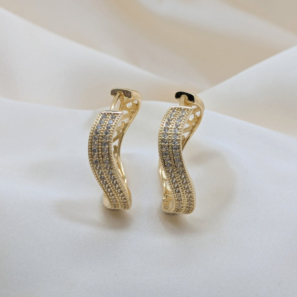 Oro Laminado Huggie Hoop, Gold Filled Style with White Cubic Zirconia, Polished, Golden Finish