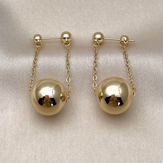 Oro Laminado Long Earring, Gold Filled Style Ball and Rolo Design, Polished, Golden Finish