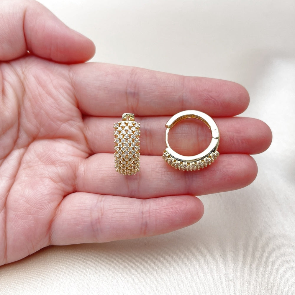 Oro Laminado Huggie Hoop, Gold Filled Style Heart Design, with White Cubic Zirconia, Polished, Golden Finish