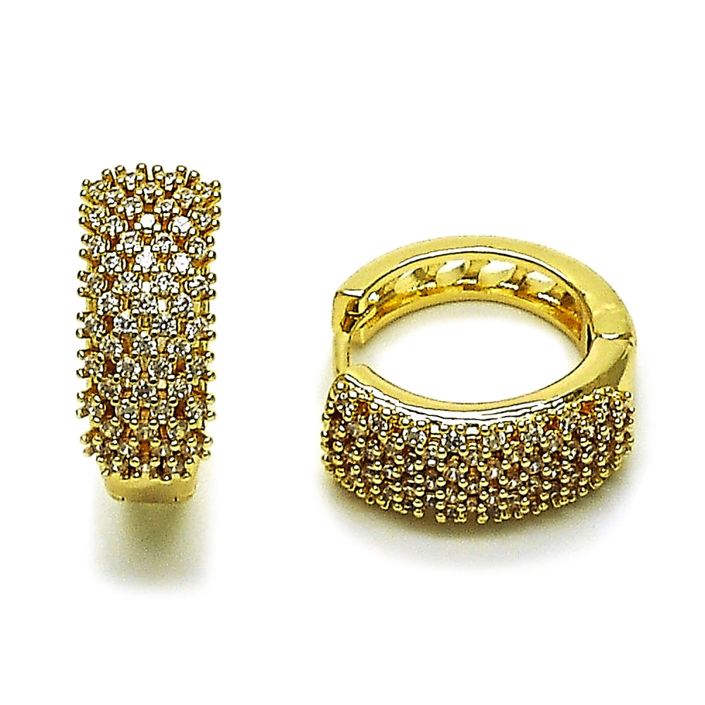 Oro Laminado Huggie Hoop, Gold Filled Style Heart Design, with White Cubic Zirconia, Polished, Golden Finish