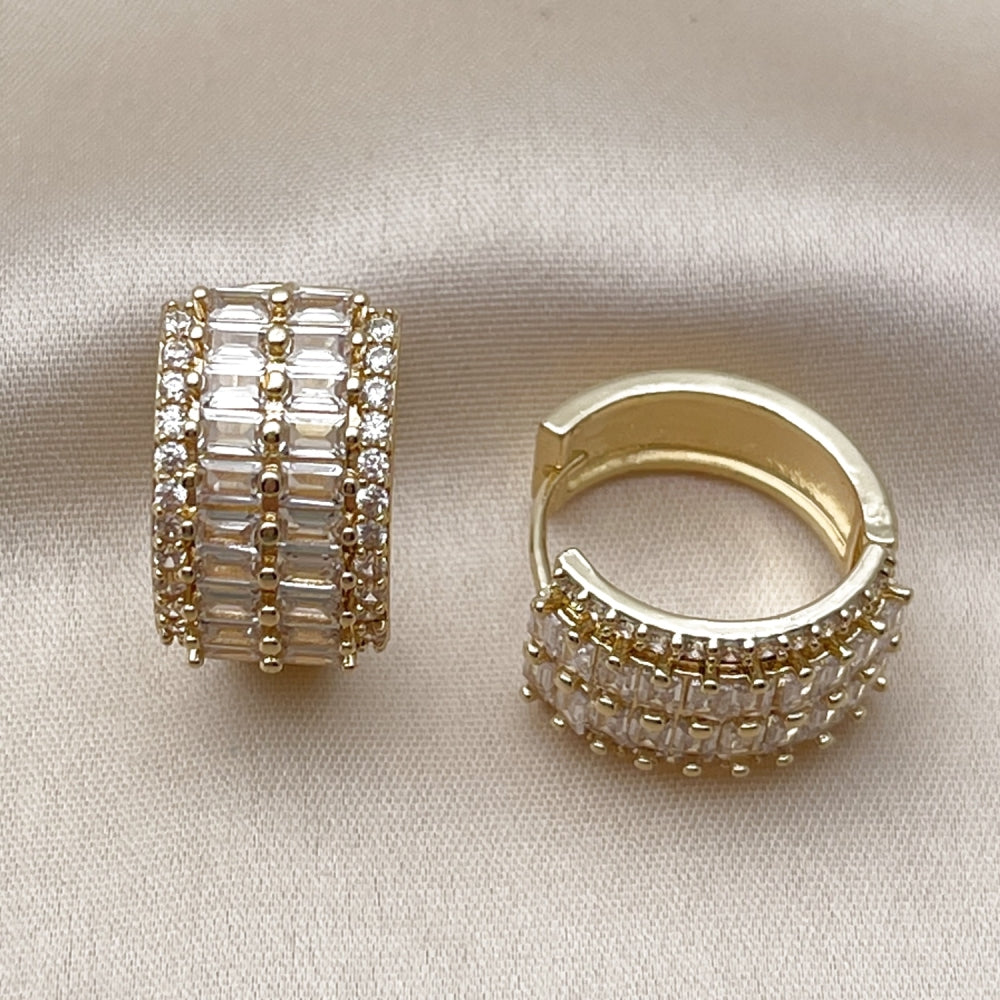 Oro Laminado Huggie Hoop, Gold Filled Style Baguette Design, with White Cubic Zirconia, Polished, Golden Finish