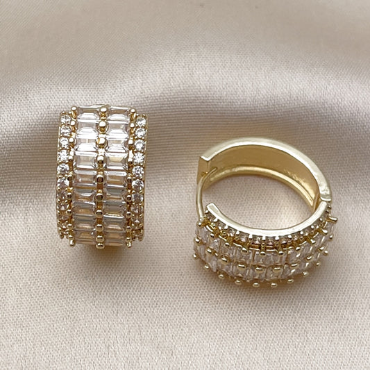 Oro Laminado Huggie Hoop, Gold Filled Style Baguette Design, with White Cubic Zirconia, Polished, Golden Finish
