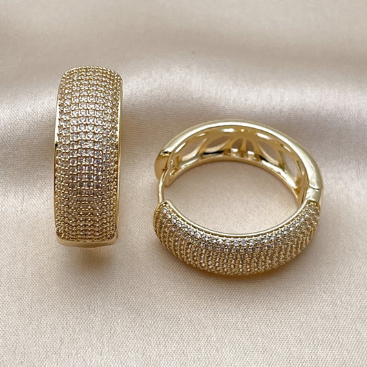 Oro Laminado Huggie Hoop, Gold Filled Style with White Micro Pave, Polished, Golden Finish