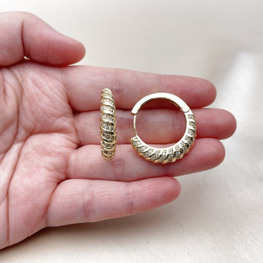 Oro Laminado Huggie Hoop, Gold Filled Style with White Cubic Zirconia, Polished, Golden Finish