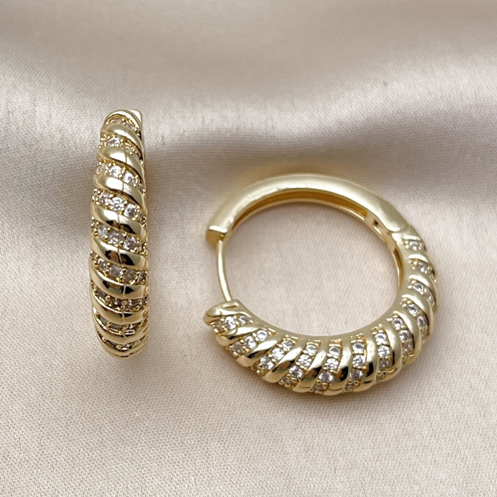 Oro Laminado Huggie Hoop, Gold Filled Style with White Cubic Zirconia, Polished, Golden Finish