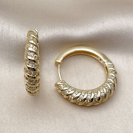Oro Laminado Huggie Hoop, Gold Filled Style with White Cubic Zirconia, Polished, Golden Finish