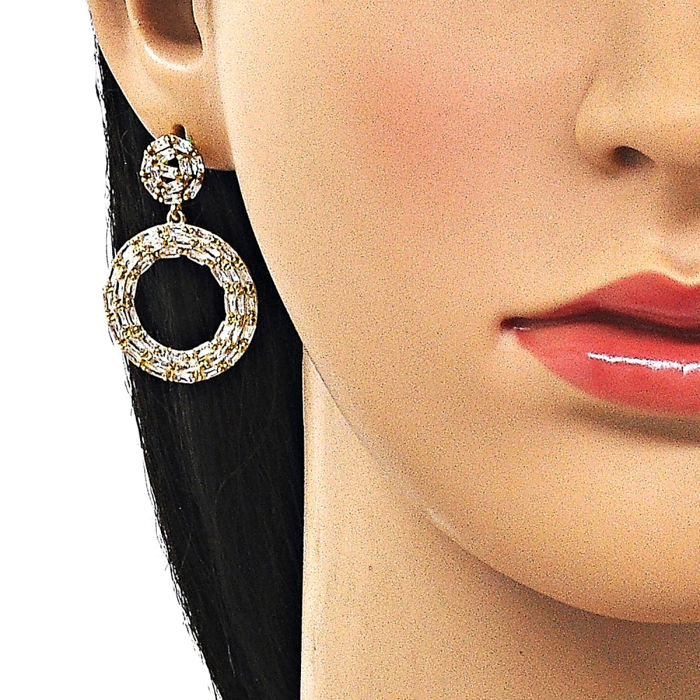 Oro Laminado Dangle Earring, Gold Filled Style Baguette and Cluster Design, with White Cubic Zirconia, Polished, Golden Finish