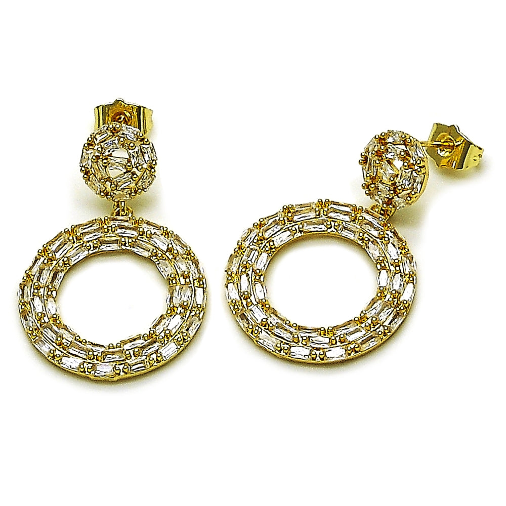 Oro Laminado Dangle Earring, Gold Filled Style Baguette and Cluster Design, with White Cubic Zirconia, Polished, Golden Finish