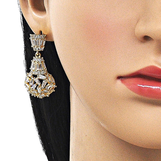 Oro Laminado Dangle Earring, Gold Filled Style Teardrop and Baguette Design, with White Cubic Zirconia, Polished, Golden Finish