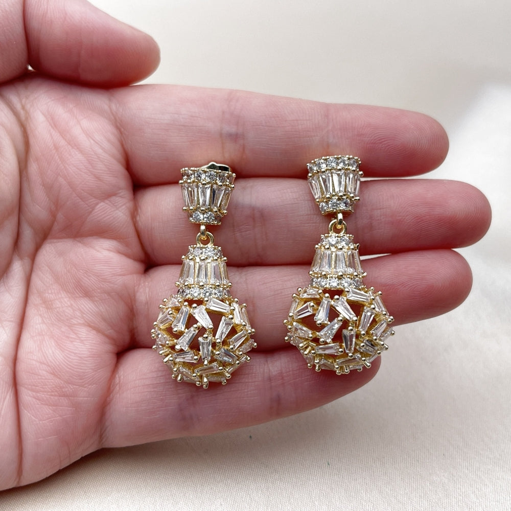 Oro Laminado Dangle Earring, Gold Filled Style Teardrop and Baguette Design, with White Cubic Zirconia, Polished, Golden Finish