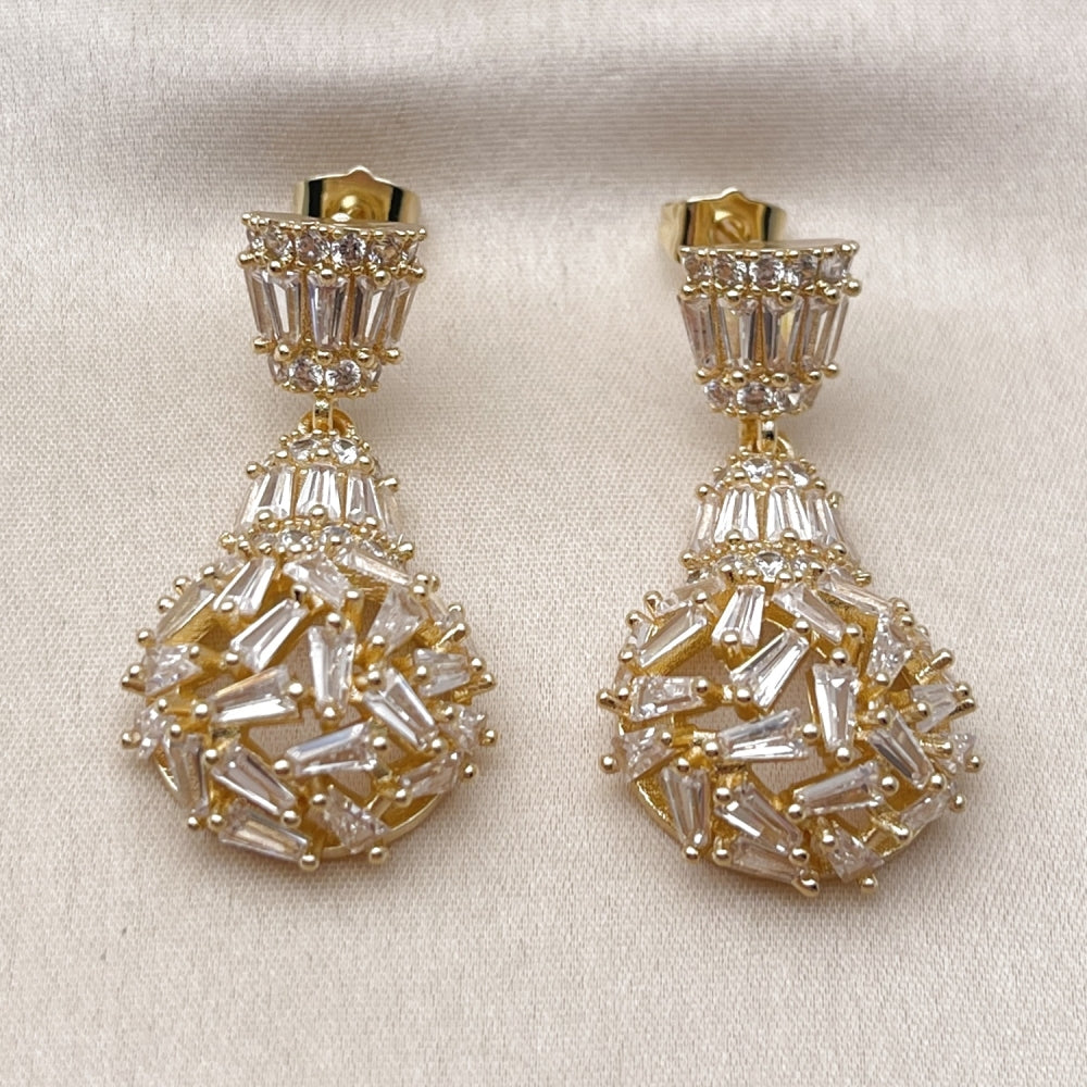 Oro Laminado Dangle Earring, Gold Filled Style Teardrop and Baguette Design, with White Cubic Zirconia, Polished, Golden Finish