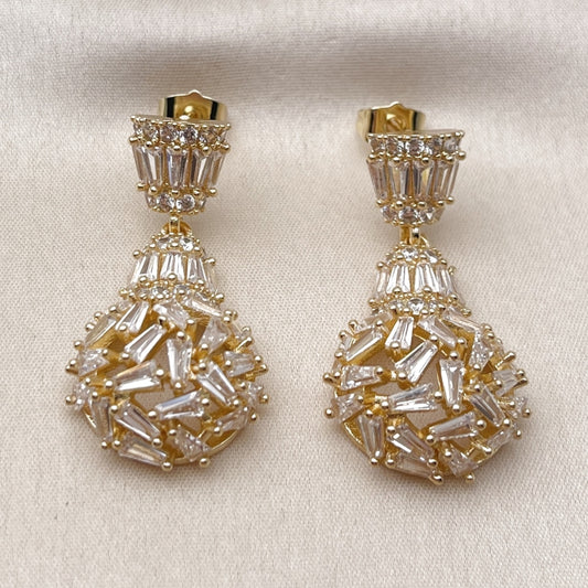 Oro Laminado Dangle Earring, Gold Filled Style Teardrop and Baguette Design, with White Cubic Zirconia, Polished, Golden Finish