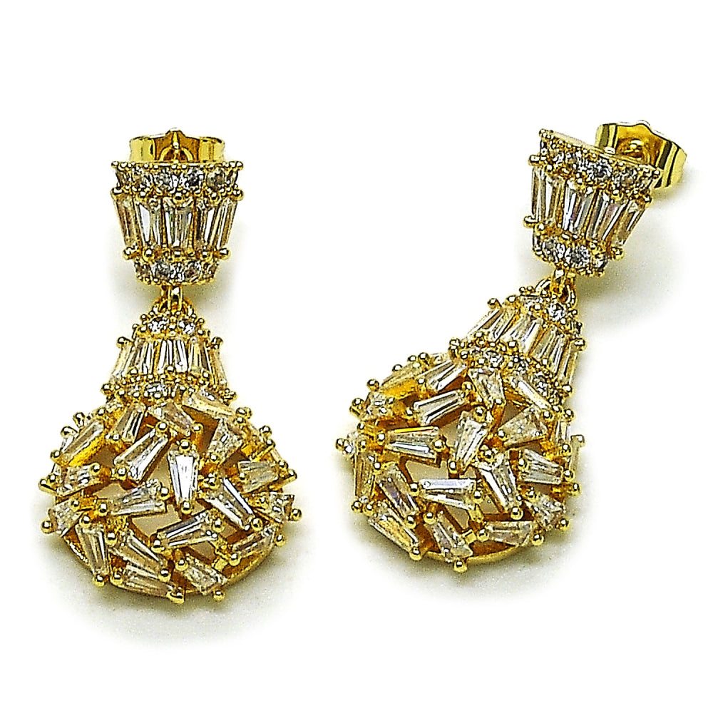 Oro Laminado Dangle Earring, Gold Filled Style Teardrop and Baguette Design, with White Cubic Zirconia, Polished, Golden Finish