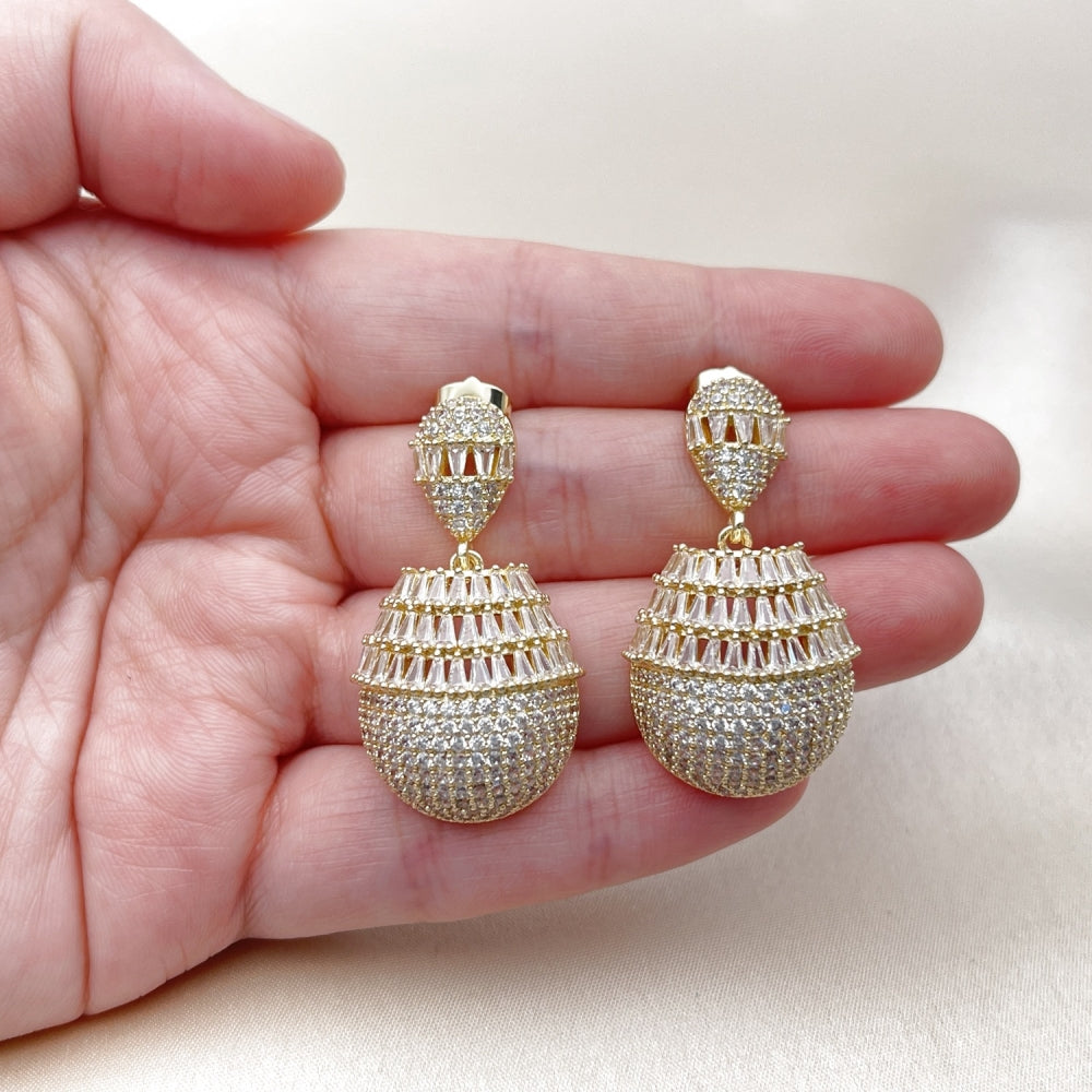 Oro Laminado Dangle Earring, Gold Filled Style Teardrop and Baguette Design, with White Cubic Zirconia, Polished, Golden Finish