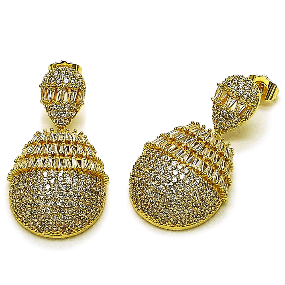 Oro Laminado Dangle Earring, Gold Filled Style Teardrop and Baguette Design, with White Cubic Zirconia, Polished, Golden Finish