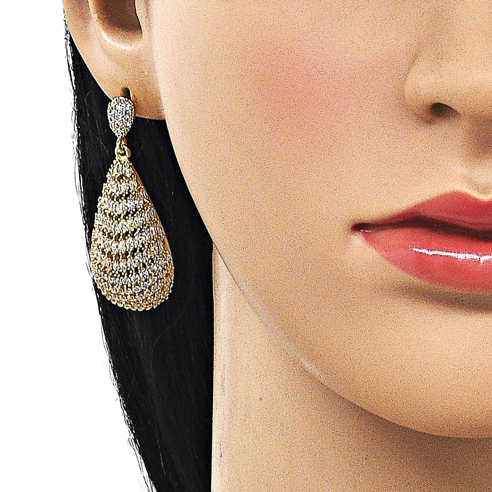 Oro Laminado Dangle Earring, Gold Filled Style Teardrop Design, with White Cubic Zirconia, Polished, Golden Finish