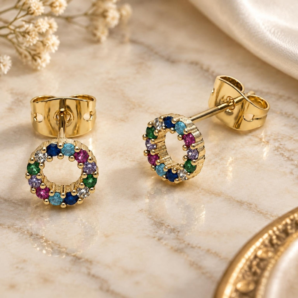 Oro Laminado Stud Earring, Gold Filled Style with Multicolor Cubic Zirconia, Polished, Golden Finish