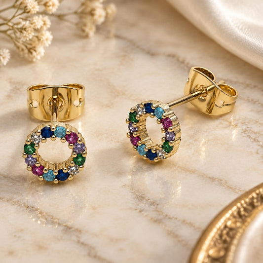 Oro Laminado Stud Earring, Gold Filled Style with Multicolor Cubic Zirconia, Polished, Golden Finish
