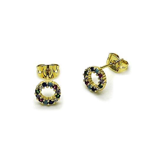 Oro Laminado Stud Earring, Gold Filled Style with Multicolor Cubic Zirconia, Polished, Golden Finish