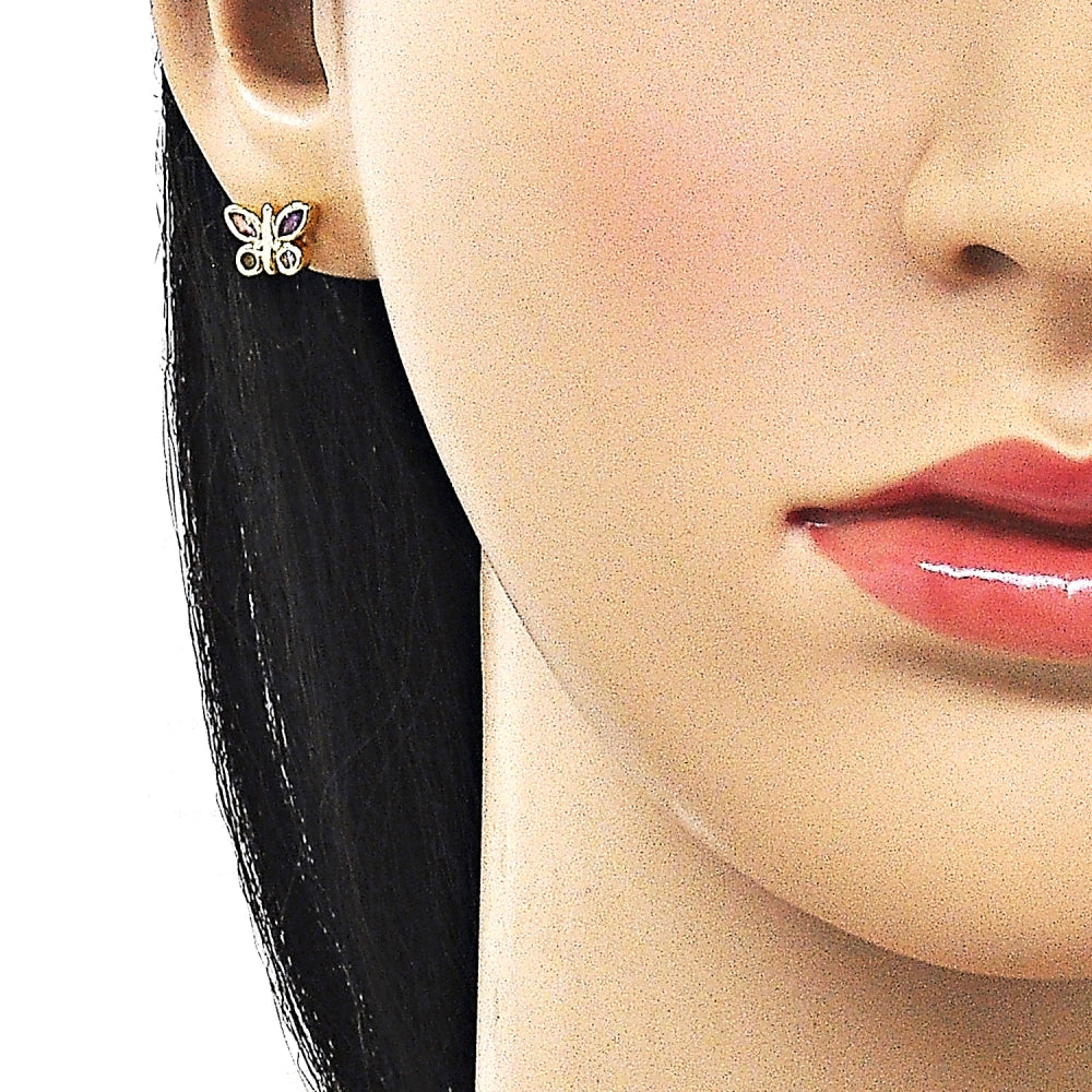 Oro Laminado Stud Earring, Gold Filled Style Butterfly Design, with Multicolor Cubic Zirconia, Polished, Golden Finish