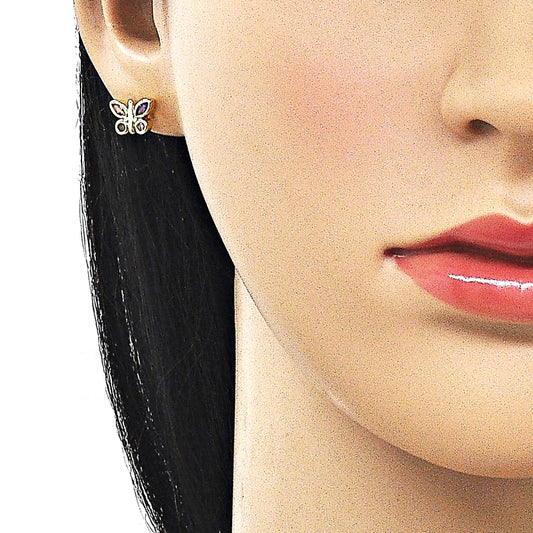 Oro Laminado Stud Earring, Gold Filled Style Butterfly Design, with Multicolor Cubic Zirconia, Polished, Golden Finish