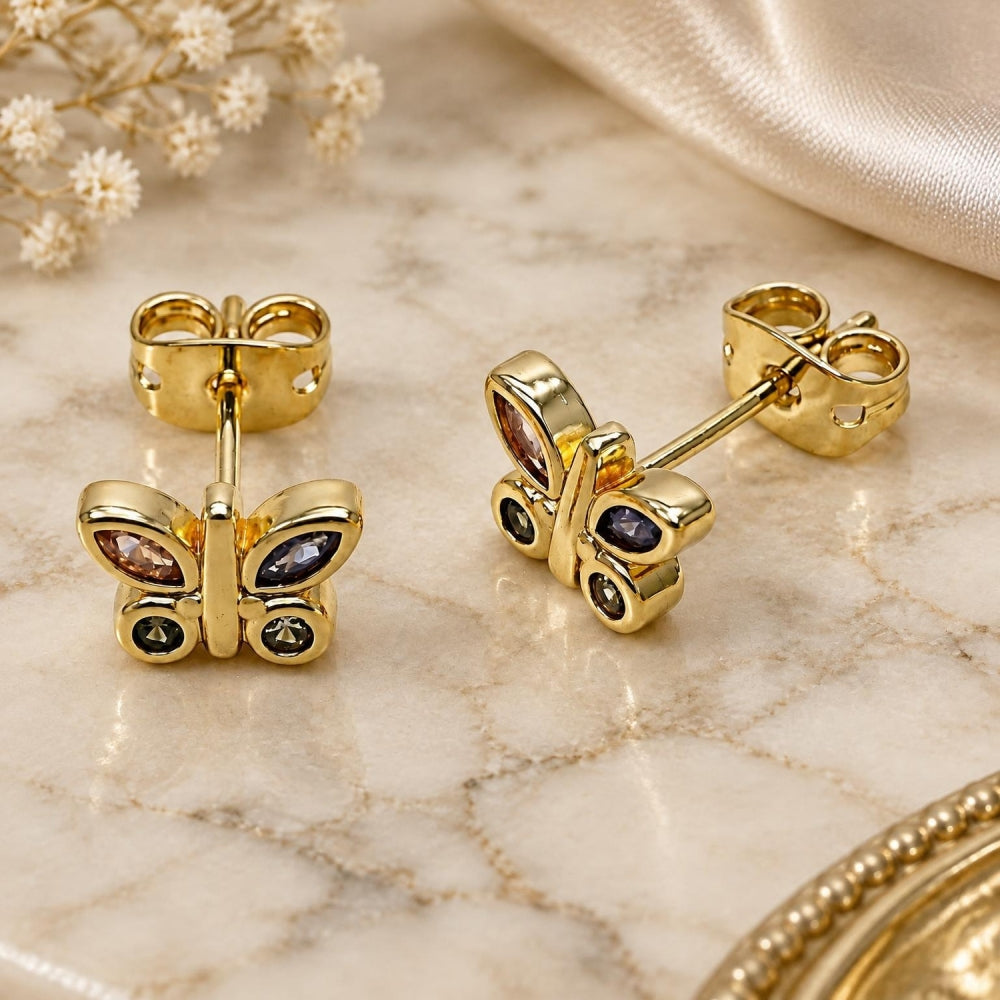 Oro Laminado Stud Earring, Gold Filled Style Butterfly Design, with Multicolor Cubic Zirconia, Polished, Golden Finish