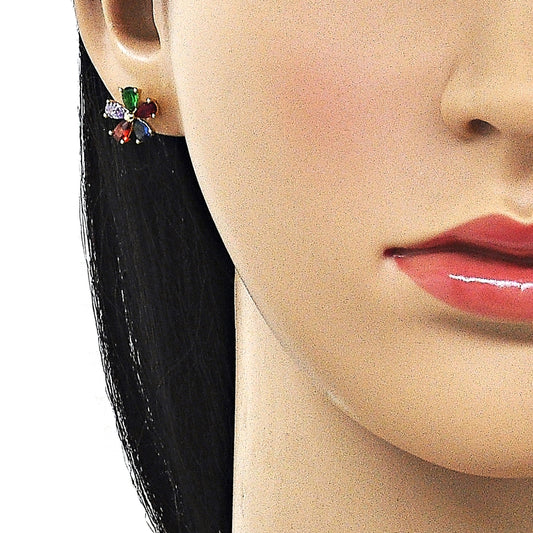 Oro Laminado Stud Earring, Gold Filled Style Flower Design, with Multicolor Cubic Zirconia, Polished, Golden Finish