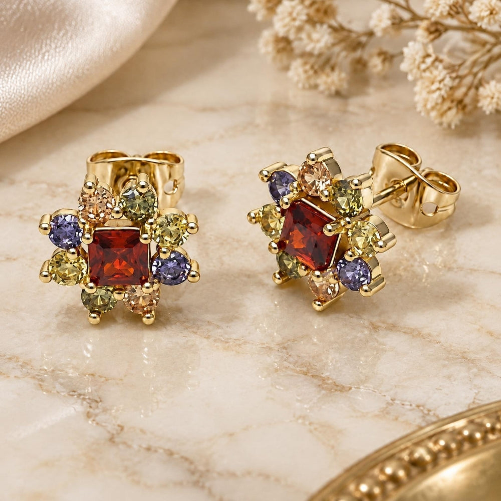 Oro Laminado Stud Earring, Gold Filled Style Flower Design, with Multicolor Cubic Zirconia, Polished, Golden Finish