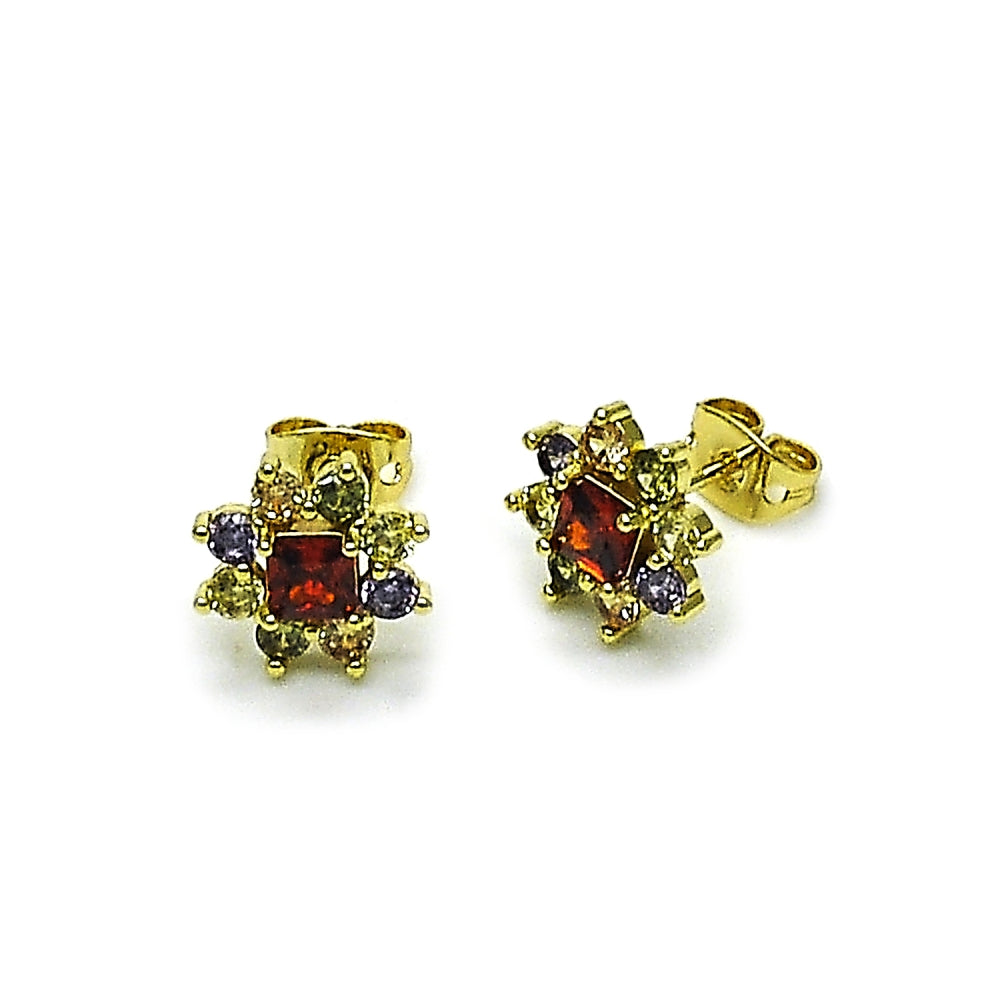 Oro Laminado Stud Earring, Gold Filled Style Flower Design, with Multicolor Cubic Zirconia, Polished, Golden Finish