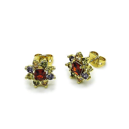 Oro Laminado Stud Earring, Gold Filled Style Flower Design, with Multicolor Cubic Zirconia, Polished, Golden Finish