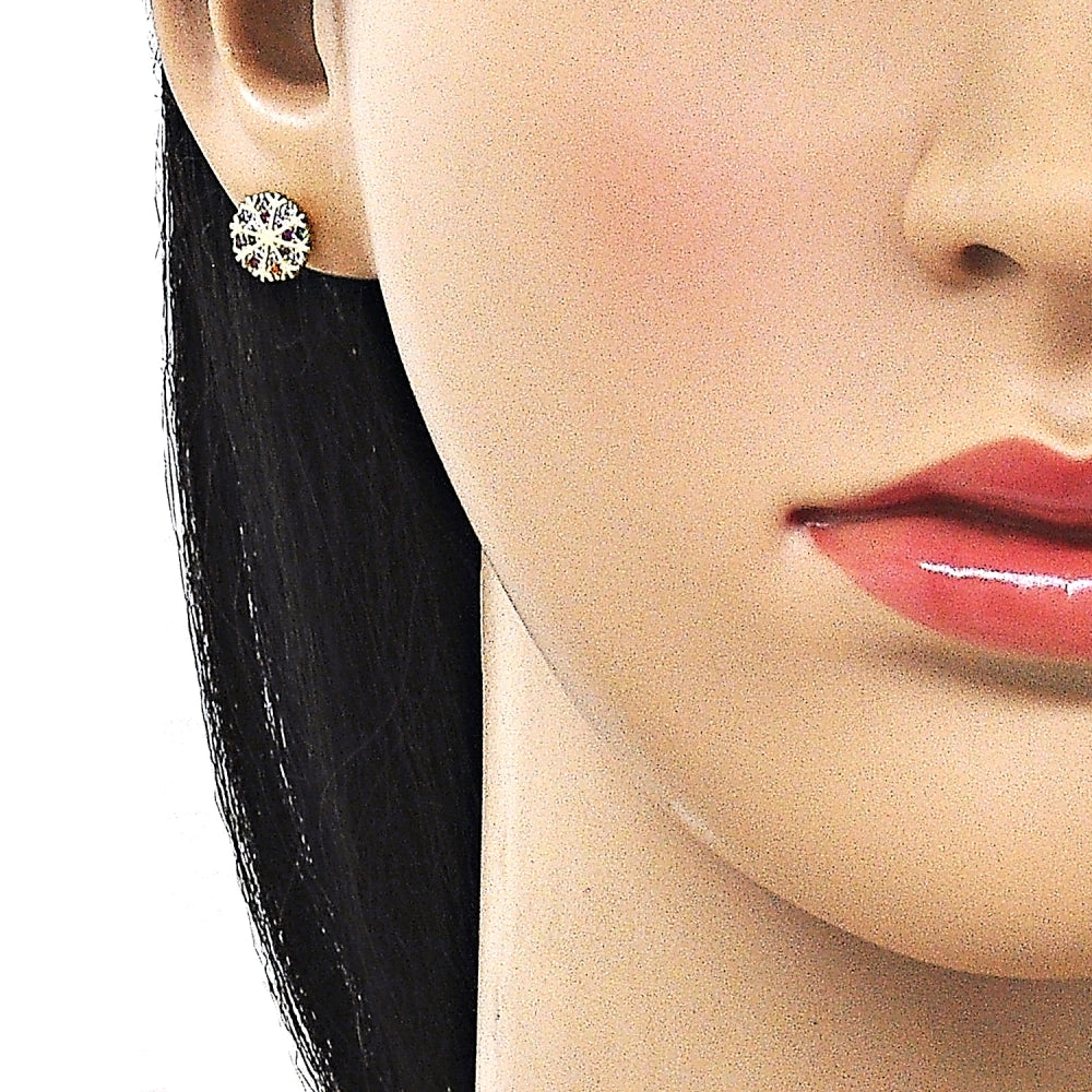 Oro Laminado Stud Earring, Gold Filled Style Flower Design, with Multicolor Micro Pave, Polished, Golden Finish