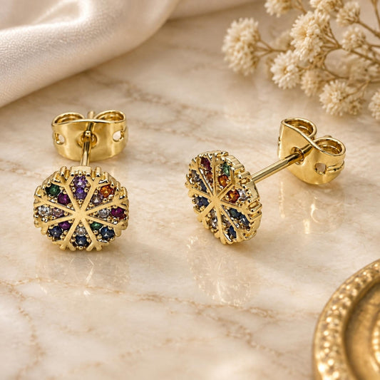 Oro Laminado Stud Earring, Gold Filled Style Flower Design, with Multicolor Micro Pave, Polished, Golden Finish