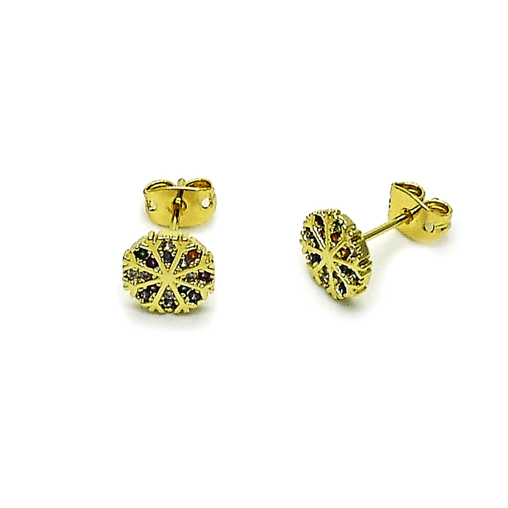 Oro Laminado Stud Earring, Gold Filled Style Flower Design, with Multicolor Micro Pave, Polished, Golden Finish