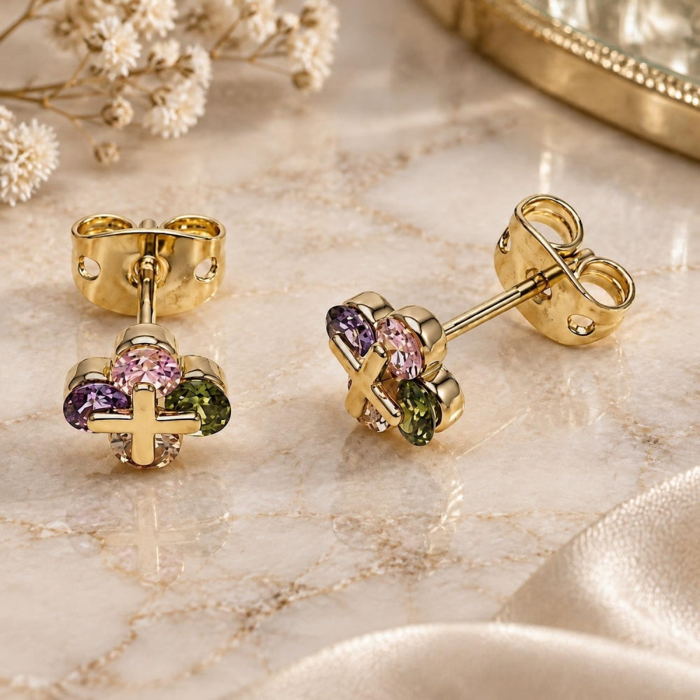 Oro Laminado Stud Earring, Gold Filled Style Four-leaf Clover Design, with Multicolor Cubic Zirconia, Polished, Golden Finish